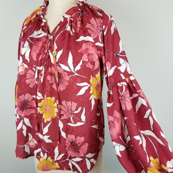 Lovestitch Pretty Rust Floral Blouse with Lantern Sleeves * Ladies Size Small - Picture 3 of 8